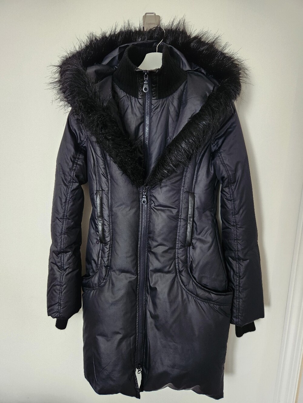 Marciano Black Down Puffer Coat with Faux Fur Hood XS